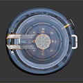 Futuristic Three Blue And Yellow Mechanical Wheels With Metallic Axle And Gears