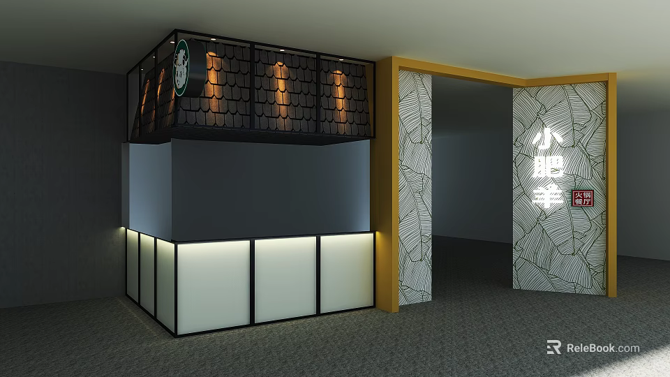 Hotpot Restaurant Interior With Black Grid Decoration Yellow Lighting And Patterned Pillar 3d model 