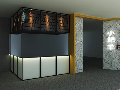 Hotpot Restaurant Interior With Black Grid Decoration Yellow Lighting And Patterned Pillar 3d model