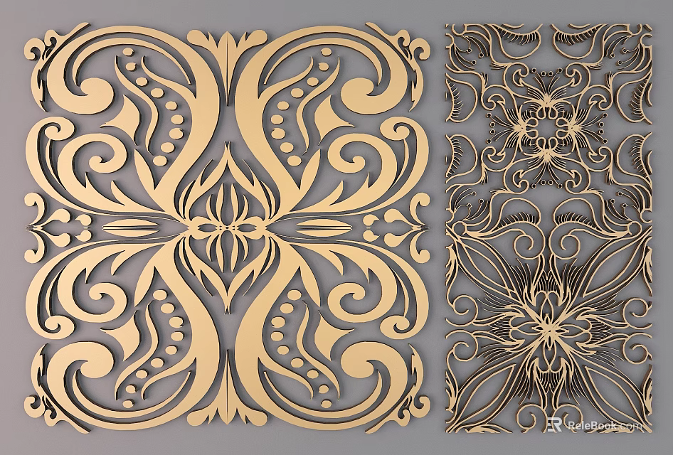Intricate Golden Carved Patterns With Symmetrical Design Floral Elements And Scroll Details 3d model 
