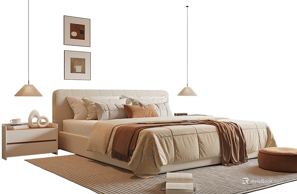 Cozy Modern Double Bed With Nightstand Table Lamp Wall Art And Pendant Lights 3d model 