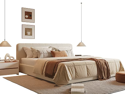 Cozy Modern Double Bed With Nightstand Table Lamp Wall Art And Pendant Lights 3d model