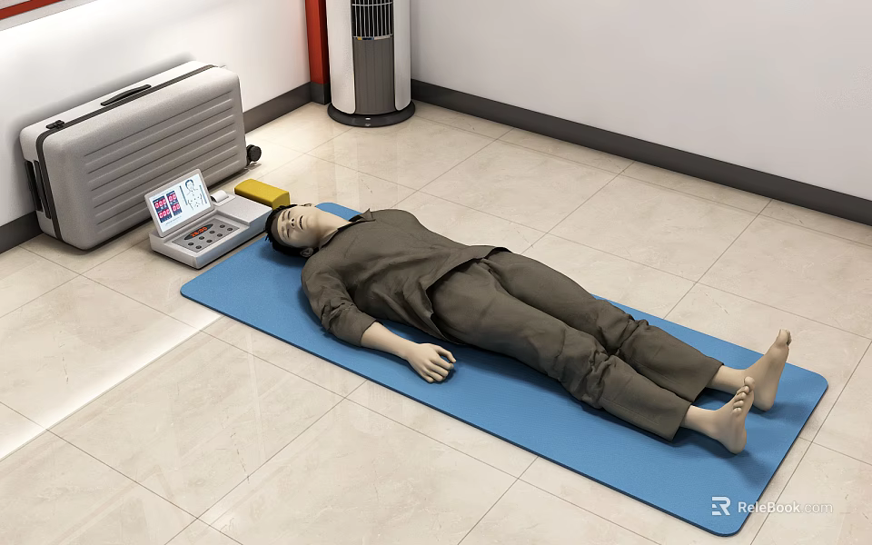 First Aid Training Manikin Lying On Blue Mat With Training Equipment 3d model