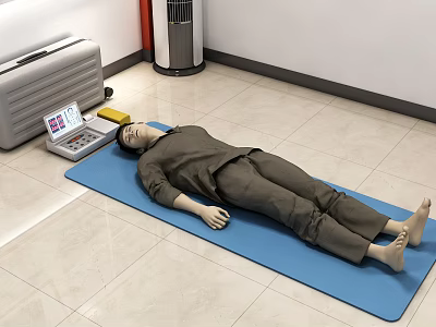 First Aid Training Manikin Lying On Blue Mat With Training Equipment 3d model