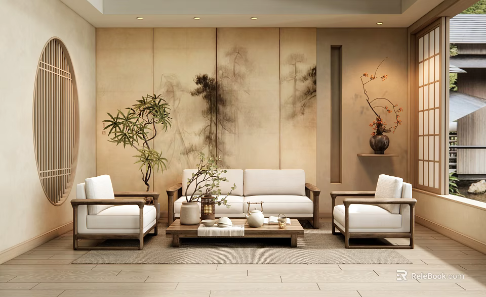 Traditional Oriental Living Room Interior With Ink Painting Wall Wooden Sofa And Green Plants 3d model 