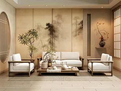Traditional Oriental Living Room Interior With Ink Painting Wall Wooden Sofa And Green Plants 3d model