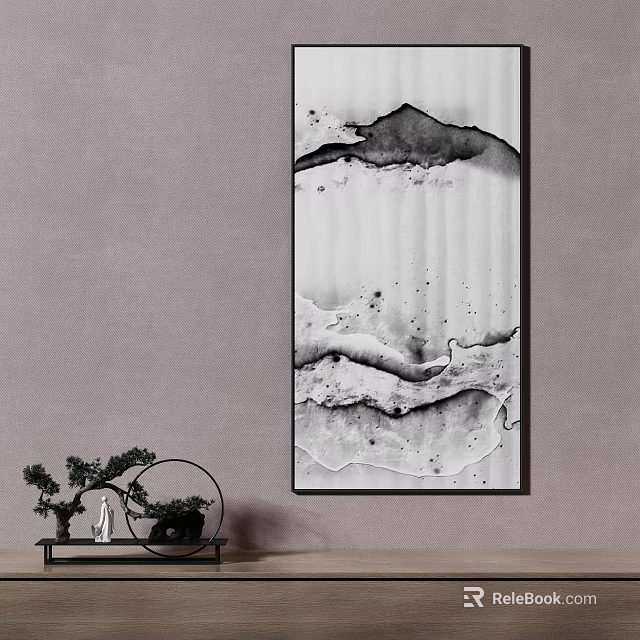 Minimalist Interior With Ink Style Painting And Plant Decor 3d model 