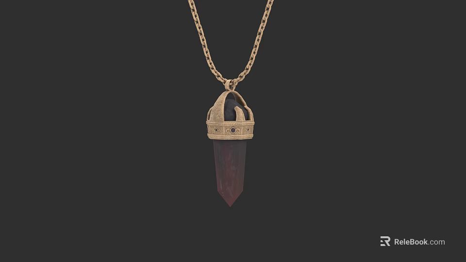 Intricate Carving Sculptural Pendant with Golden Chain and Red Crystal 3d model 