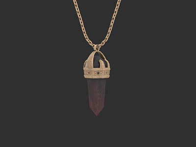 Intricate Carving Sculptural Pendant with Golden Chain and Red Crystal 3d model