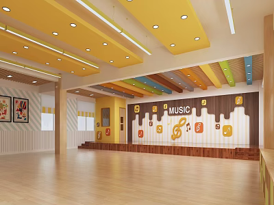 Vibrant Kindergarten Indoor Environment With Yellow Ceiling Colorful Beams Music Wall Wooden Floor And Stage 3d model