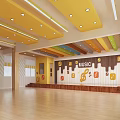 Vibrant Kindergarten Indoor Environment With Yellow Ceiling Colorful Beams Music Wall Wooden Floor And Stage
