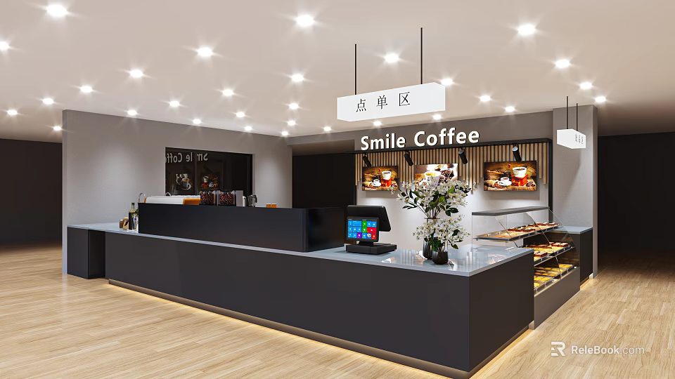 Smile Coffee Modern Cafe Interior With Order Counter Display Case And Warm Lighting 3d model 