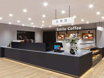 Smile Coffee Modern Cafe Interior With Order Counter Display Case And Warm Lighting 3d model