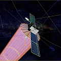 Satellite Orbiting Moon Emitting Purple Beam With Ring Effects In Space