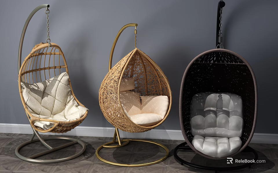 Rattan Hanging Chairs With Metal Stands And Beige White Dark Cushions 3d model 