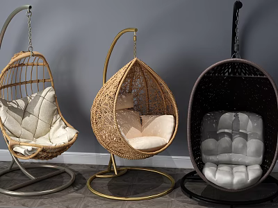 Rattan Hanging Chairs With Metal Stands And Beige White Dark Cushions 3d model