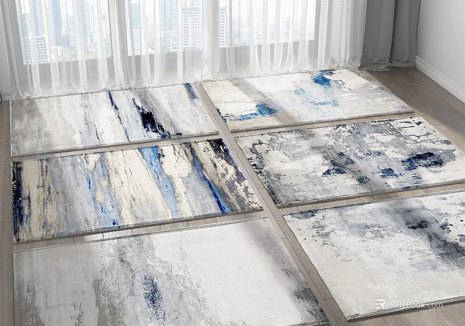 Modern Abstract Square Rugs With Gray White Blue Patterns For Home Interior 3d model 