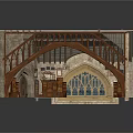 Medieval Gothic Architectural Model With Arched Wooden Frames And Stained Glass Windows 3d model