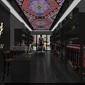 Clothing Store Interior Design With Colorful Patterned Ceiling Shelves Central Display Table And Wooden Flooring