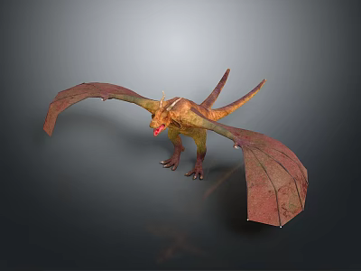 Mythical Horned Dragon Creature with Spreading Red Orange Wings Standing 3d model