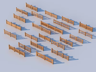 Multiple Wooden Railings Featuring Various Designs Neatly Arranged On Light Colored Background 3d model