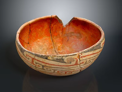 Ancient Ceramic Bowl Sculpture With Cracked Orange Interior And Decorative Patterns 3d model