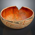 Ancient Ceramic Bowl Sculpture With Cracked Orange Interior And Decorative Patterns