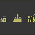 Shiny Golden Household Icons Including Storage Bags Coins Figures And Rising Arrow Design