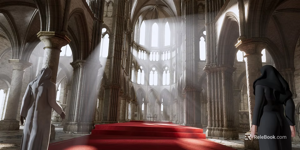 Religious Faith Inspired Cathedral Interior With Vaulted Ceilings Sunlight And Red Carpet 3d model 