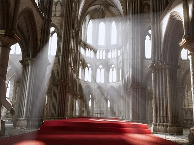 Religious Faith Inspired Cathedral Interior With Vaulted Ceilings Sunlight And Red Carpet 3d model