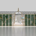 Stage Design With Green Curtains Gold Patterns Relief Wall And Metal Structure