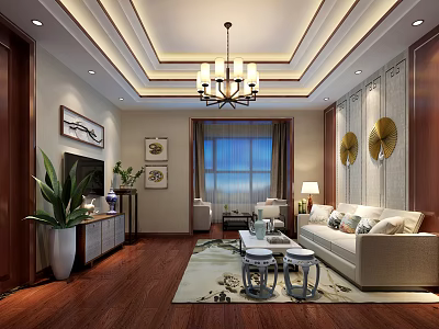 Elegant Living Room Interior Design With Chandelier Sofa Wooden Floor And Decorative Paintings 3d model