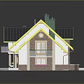 Classic House Exterior With Black Roof Yellow Trim Chimneys Steps Porch And Wooden Garage Door