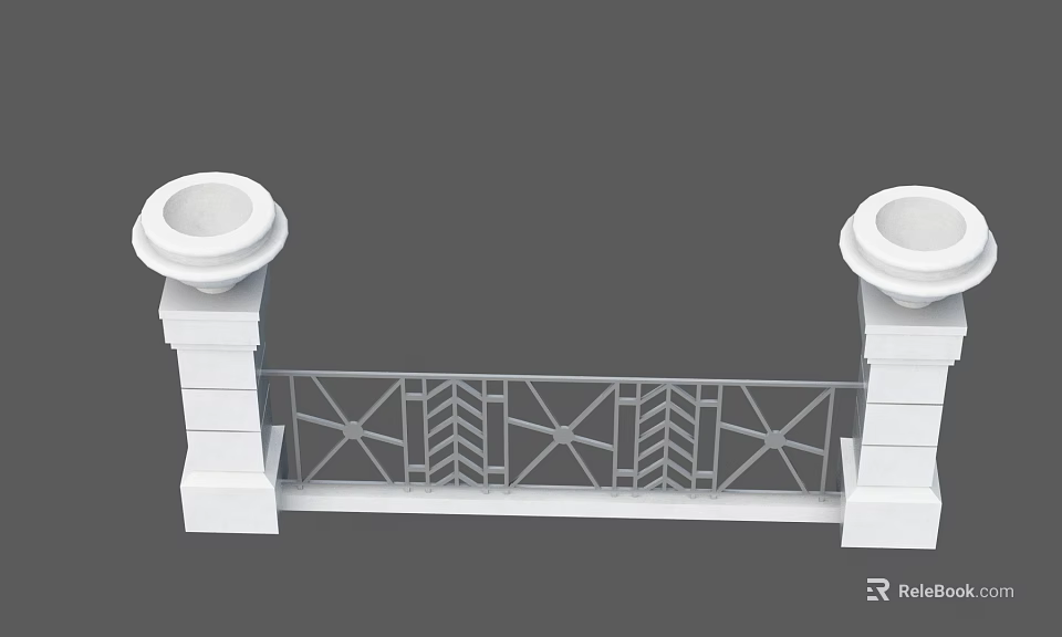 Public Facility Railing With Stone Pillars Decorative Circular Tops And Geometric Metal Patterns 3d model 