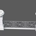 Public Facility Railing With Stone Pillars Decorative Circular Tops And Geometric Metal Patterns