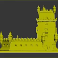Historic Teal Castle Tower Architecture With Spired Turrets Arched Windows And Stone Platform