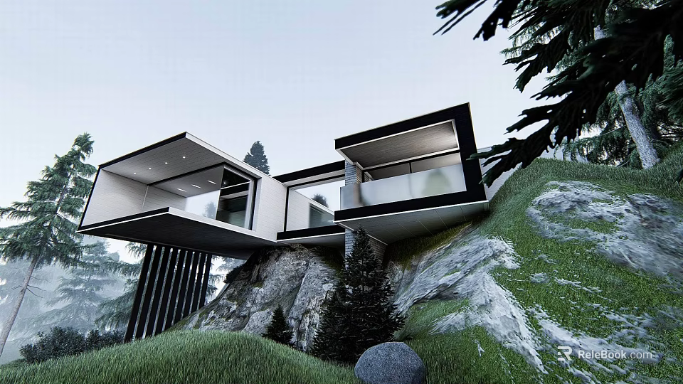 Modern Detached Villa on Hillside With Cantilevered Structure And Natural Rocks Greenery 3d model 