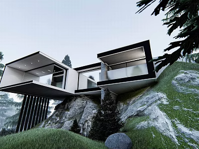 Modern Detached Villa on Hillside With Cantilevered Structure And Natural Rocks Greenery 3d model