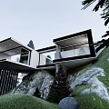 Modern Detached Villa on Hillside With Cantilevered Structure And Natural Rocks Greenery