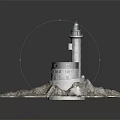 Detailed White Lighthouse Tower Featuring Turquoise Dome On Rocky Coastal Base With Architectural Windows