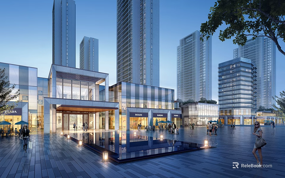 Modern Commercial Street With Tall Skyscrapers Spacious Plaza Water Pool And Pedestrians 3d model 