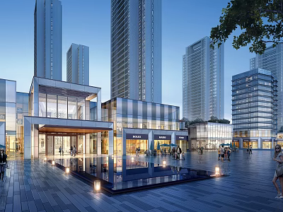 Modern Commercial Street With Tall Skyscrapers Spacious Plaza Water Pool And Pedestrians 3d model