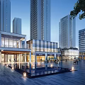 Modern Commercial Street With Tall Skyscrapers Spacious Plaza Water Pool And Pedestrians