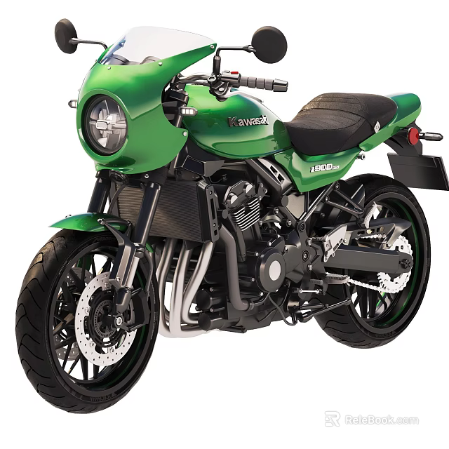 Kawasaki Green Modern Vintage Motorcycle With Classic Design Black Seat And Round Headlight 3d model 