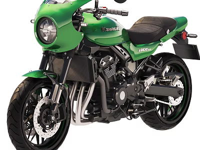 Kawasaki Green Modern Vintage Motorcycle With Classic Design Black Seat And Round Headlight 3d model