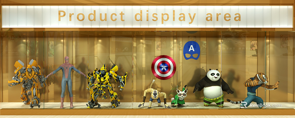 Retail Shop Window Display With Captain America Shield Bumblebee And Panda Toys 3d model 