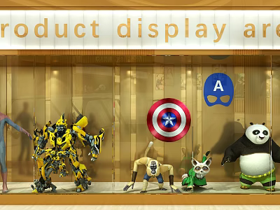 Retail Shop Window Display With Captain America Shield Bumblebee And Panda Toys 3d model