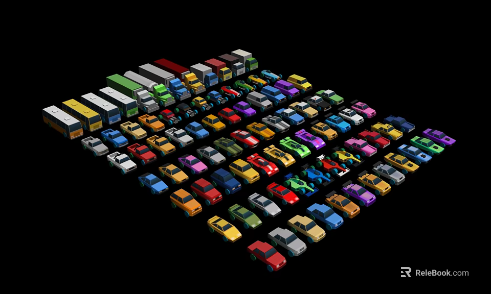 Colorful Car Models Arranged in Array with Various Types and Colors 3d model 