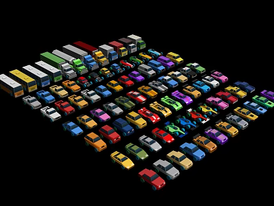 Colorful Car Models Arranged in Array with Various Types and Colors 3d model