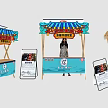 Outdoor Tables with Colorful Canopies and Blue Panels in a Row for Outdoor Display Setup